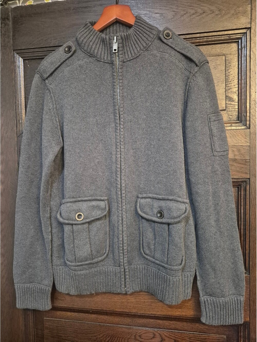 Fossil Men's Military Cardigan Sweater Gray Mock Neck
